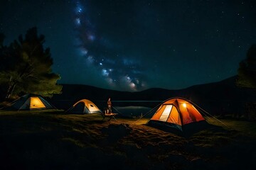 Camping in the wilderness. A pitched tent under the glowing night sky stars of the milky way with snowy mountains in the background. Nature landscape photo composite.