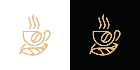 coffee cup logo with leaf in line style, simple coffee logo vector - obrazy, fototapety, plakaty