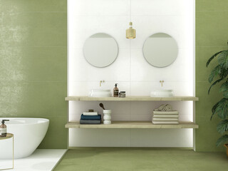 Interior of stylish bathroom with dark gray and white marble walls, white tiled floor, ceramic sink standing on wooden countertop with vertical mirrors above it and and bathtub in background.3D Render