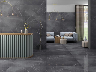 Luxury clinic interior with wooden reception desk, grey sofa in waiting area, grey marble floor and walls. 3D Rendering