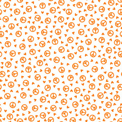 Seamless pattern with orange peace symbols and hearts