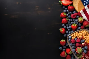Foto op Plexiglas  a bowl of cereal, strawberries, blueberries, strawberries, and strawberries on a black background with a flag of the united states of the united states. © Nadia