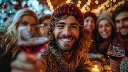 Group of young people celebrating Christmas party dinner with clinking glass of wine and selfie, Christmas and thanksgiving concept