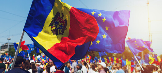 Assembly of the European Moldova. National meeting of the Moldavian people. Flag of the European...