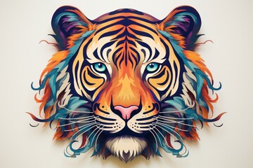  a painting of a tiger's face with blue eyes and orange, blue, and green feathers on it's head, on a white background with a white wall.