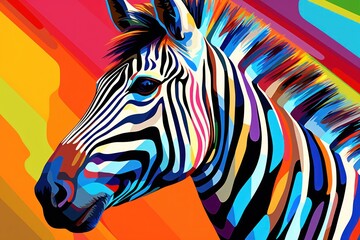  a multicolored zebra standing in front of a multicolored background with a red, yellow, blue, green, pink, orange, and black stripe.