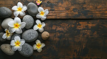 Top view of spa stones with frangipani flowers on a wooden table, photography, bright natural lighting, vast copy paste.