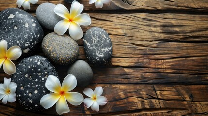 Fototapeta na wymiar Top view of spa stones with frangipani flowers on a wooden table, photography, bright natural lighting, vast copy paste.