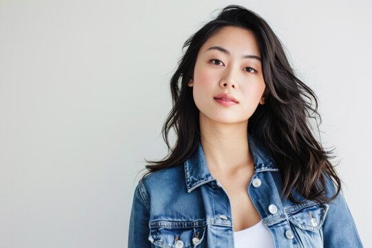 Casual chic portrait of an Asian woman in denim, white background
