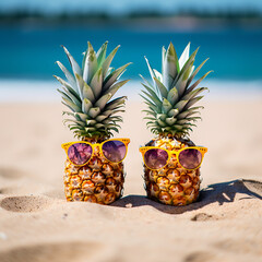 Vibrant pineapples donning chic sunglasses on a sandy beach. Perfect for a summer getaway ad. with Copy Space