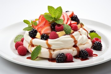  a white plate topped with a pav of fruit covered in sauce and drizzled with mint leaves and sliced raspberries on top of the plate.