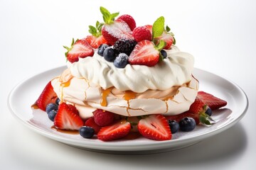  a white plate topped with a layered cake covered in whipped cream and strawberries and topped with blueberries, raspberries, and a drizzled with a drizzle.
