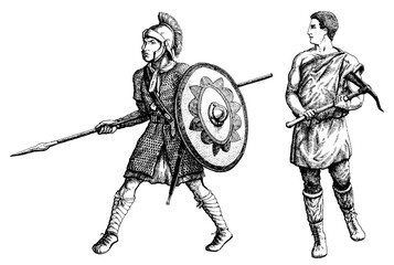 Roman legionnaires drawn by hand. Vector image