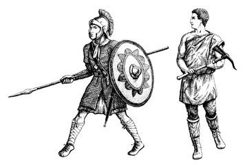 Roman legionnaires drawn by hand. Vector image - obrazy, fototapety, plakaty