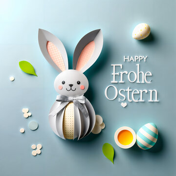 Joyful Easter Celebration. This is an image of a charming Easter-themed artwork featuring a cute paper-crafted bunny, adorned with a ribbon, surrounded by colorful eggs and spring foliage  against ...