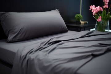  a bed with a gray comforter and a vase of pink flowers on a night stand with a lamp and a night stand with a lamp on the side table.