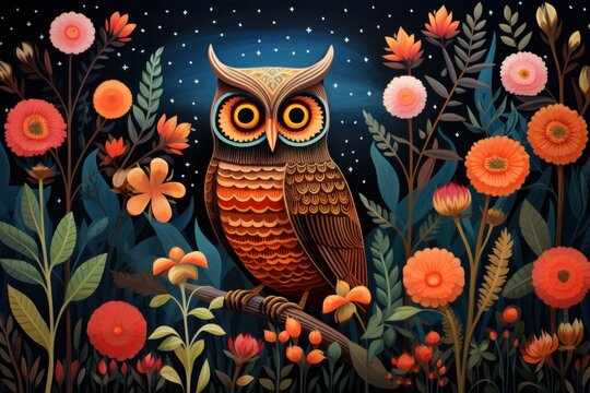  a painting of an owl sitting on a tree branch in a field of flowers with a night sky in the background and stars in the middle of the night sky.