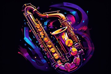  a painting of a saxophone on a black background with a splash of paint on the bottom half of the image and the bottom half of the saxophone in the middle of the frame.