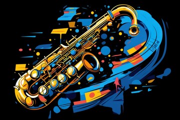  a painting of a saxophone on a black background with a splash of paint on the bottom half of the image and a splash of paint on the bottom half of the image.