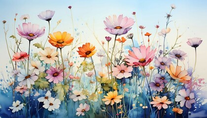 Beautiful vibrant daisy flower garden with blue sky. Generative AI. 