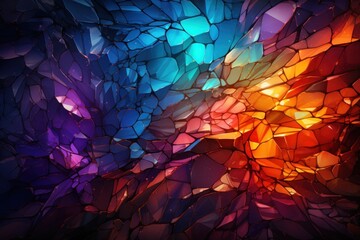  a multicolored wallpaper with a pattern of small rocks and a rainbow light coming out of the middle of the wall in the center of the image is a black background.