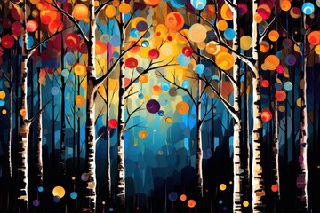  a painting of a forest filled with lots of different colored circles of different shapes and sizes and sizes of trees, with a blue background of multi - colored circles.