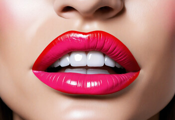 Obraz premium Abstract painting of female lips in pink and red.