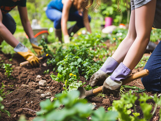 A Photo of Friends Volunteering at a Local Community Garden With Gardening Tools and Flourishing Plants
