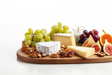  a variety of cheeses, nuts, and fruit are arranged on a wooden platter on a white surface with a candle and glass of wine in the background.