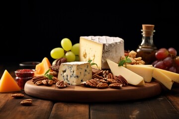  a variety of cheeses, nuts, and fruit on a wooden platter with a bottle of ketchup and a glass of wine on a black background.