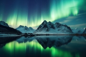  an aurora bore over a mountain range with a lake in the foreground and a reflection of the sky in the water in front of the mountain range is reflected in the water.