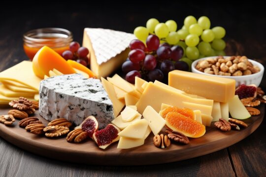 a variety of cheeses, nuts, and fruit are arranged on a wooden platter on a wooden table with a glass of orange juice in the foreground.