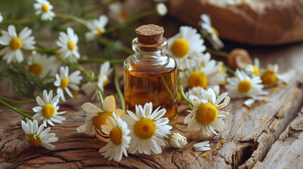 Small glass bottle with chamomile essential oil on old wooden background. Chamomile flowers.
