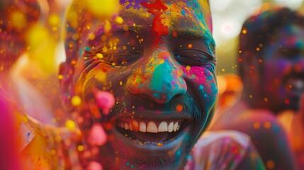 Happy person with colorful face celebrating Holi color festival