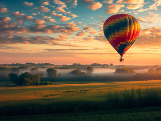 A Photo of a Couple Taking an Early Morning Balloon Flight Over a Local Field With a Sunrise and a Colorful Balloon