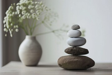 Fototapeta na wymiar A stone Zen composition captures the essence of minimalistic simplicity and tranquility, copy space.