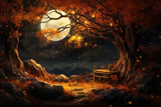  a painting of a night scene with a bench in the middle of the woods and a full moon in the sky above the trees and a bench on the ground.