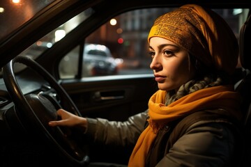 Female taxi driver in uniform, focused on the road ahead - obrazy, fototapety, plakaty