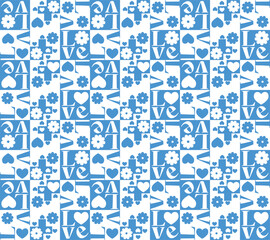 love daisy pattern blue white flower heart and typography