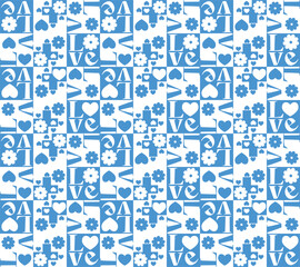 love daisy pattern blue white flower heart and typography