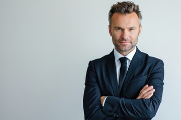Corporate portrait of a European businessman, formal suit, white background