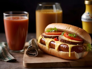 hot dog with mustard and ketchup, Juicy hot dog with cheese and tomatoes, generative ai