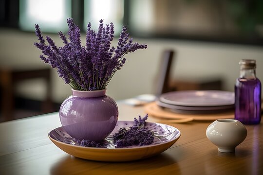 A round vase filled with Lavender at the table. Lunar new year decoration, The photo is inspired by the arrangements of photographer Yvette Inufio, captured with a Canon EOS 5D Mark IV, using a 50mm f