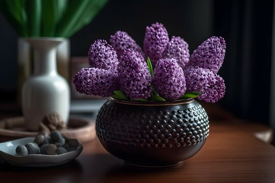 A round vase filled with Hyacinth at the table. Lunar new year decoration, The photo is inspired by the arrangements of photographer Yvette Inufio, captured with a Canon EOS 5D Mark IV, using a 50mm f