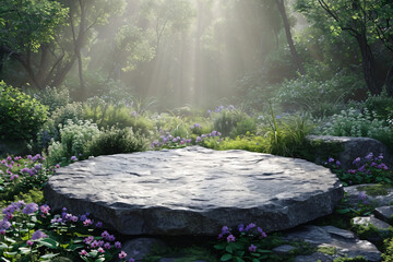 Stone podium with the fantastic magical forest background, highlighted in the center,Product mockup presentation