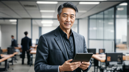 Confident Business Asian Leaders in Office: Smiling Older Bank Manager and Happy Middle-Aged CEO