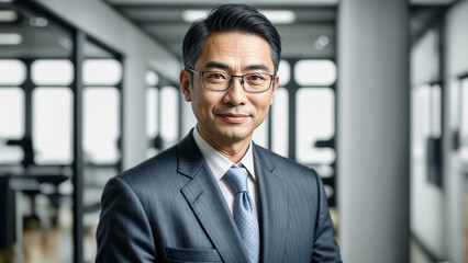 Fototapeta premium Confident Business Asian Leaders in Office: Smiling Older Bank Manager and Happy Middle-Aged CEO