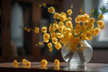 A vase filled with yellow Apricot blossom at the table. Lunar new year decoration, The photo is inspired by the arrangements of photographer Yvette Inufio, captured with a Canon EOS 5D Mark IV, using