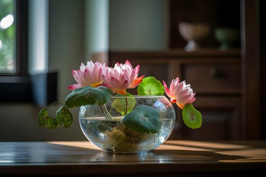 A round vase filled with lotus flowers at the table. The photo is inspired by arrangements of photographer Yvette Inufio, captured with a Canon EOS 5D Mark IV, using a 50mm f 1.8 lens, ISO 100, f 2.8,