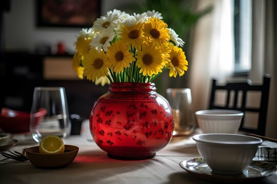 A round vase filled with Daisy at the table. Lunar new year decoration, The photo is inspired by the arrangements of photographer Yvette Inufio, captured with a Canon EOS 5D Mark IV, using a 50mm f 1.